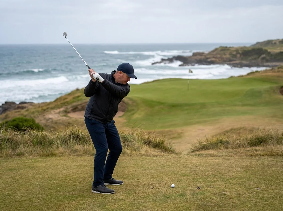 Golfer executing a long wedge shot with full follow-through, demonstrating distance control from the fairway
